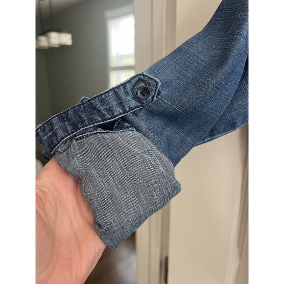 ANN TAYLOR LOFT Linen Blend Drawstring Waist Roll Tab Sleeve Denim Jumpsuit - Picture 4 of 14